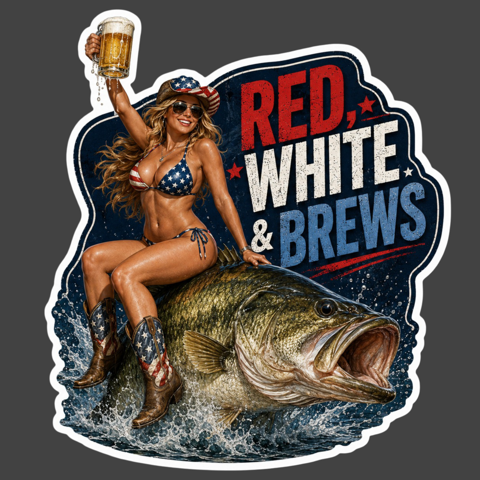 Fishing Sticker Vinyl Decal Red White & Brews Pinup Girl Patriotic Bass