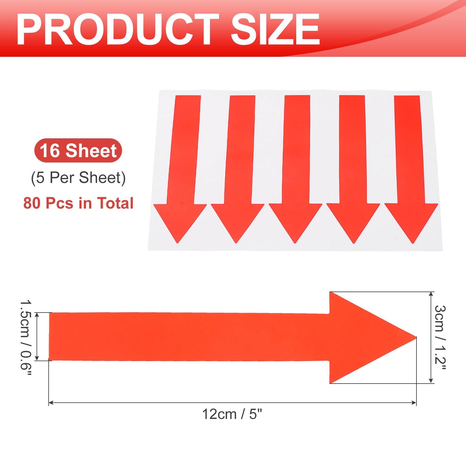 Arrow Sticker, (5×1.2 Inch, Red) (80 Pcs), Waterproof Arrow Sign Sticker