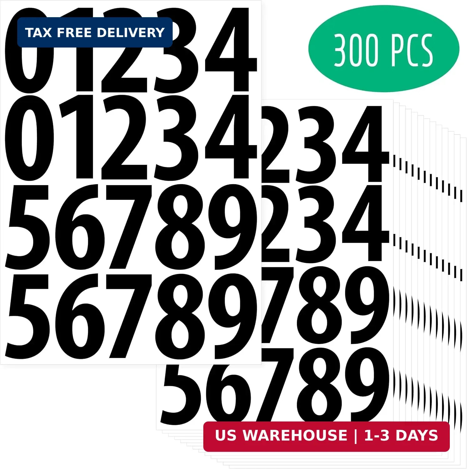300PCS 3" Large Number Stickers Waterproof Vinyl Number Labels 0-9 Sheets Black