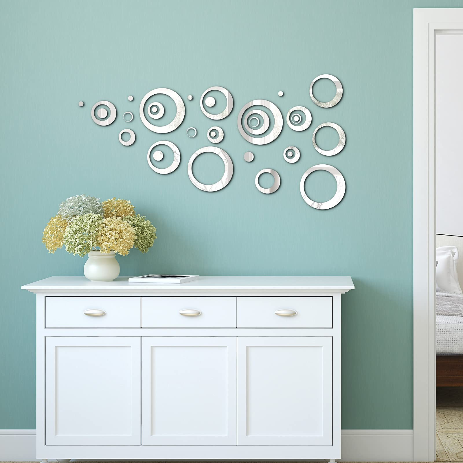 32 Pieces Removable Circle Wall Mirror Sticker Round Decal Acrylic Silver