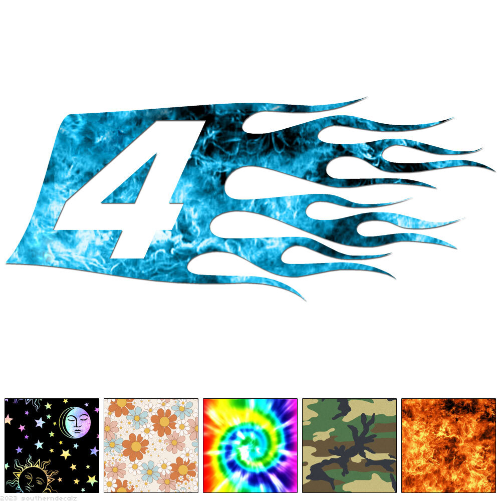 Flames Number 4 Four – Decal Sticker – Multiple Patterns & Sizes – ebn7333