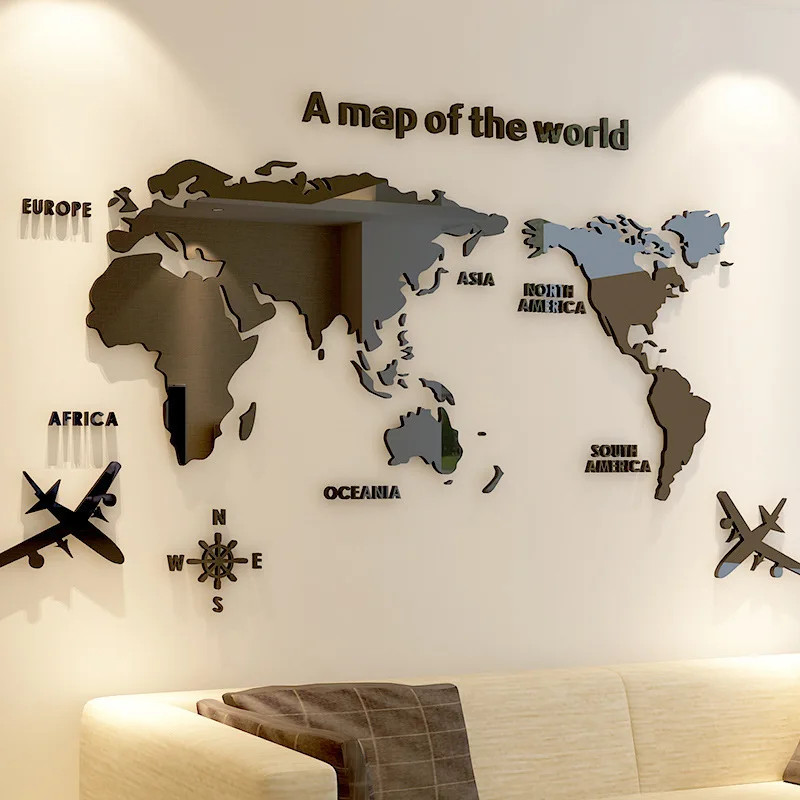 3D World Map Wall Sticker Acrylic Solid Color Crystal Bedroom Wall With Living