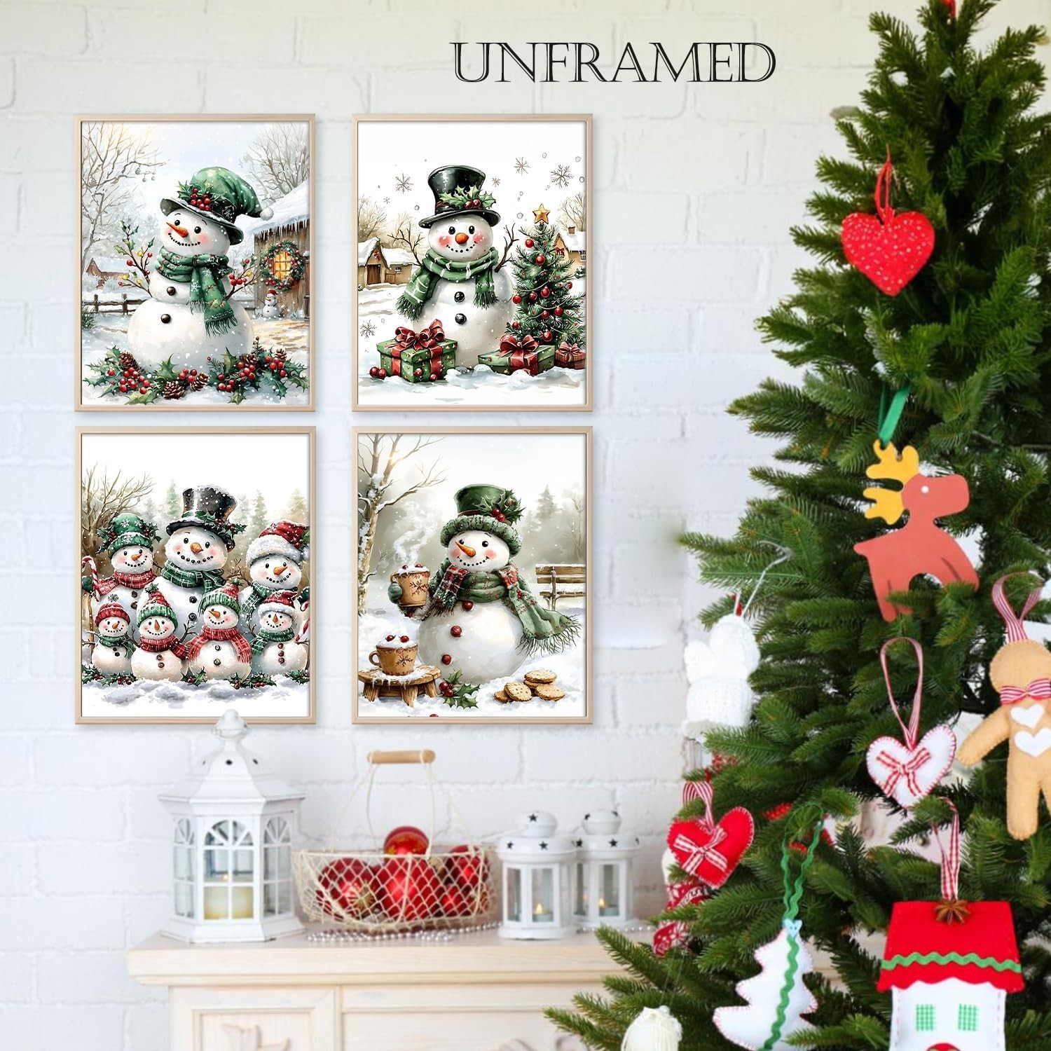 Qabliqo Vintage Christmas Snowman Wall Art Prints Set of 4, Holiday Winter Ch…