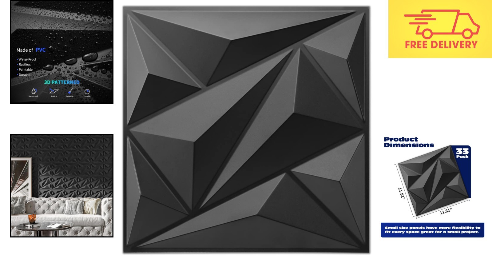 33 Pack 12"x12" 3D Diamond Wall Panels for Elegant Interior Décor – Black