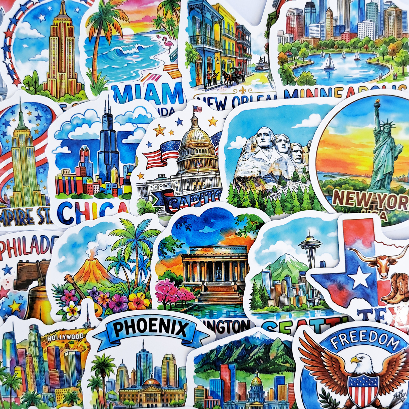 50 PCS USA Travel Sticker Pack American Landmarks Famous Places Journal