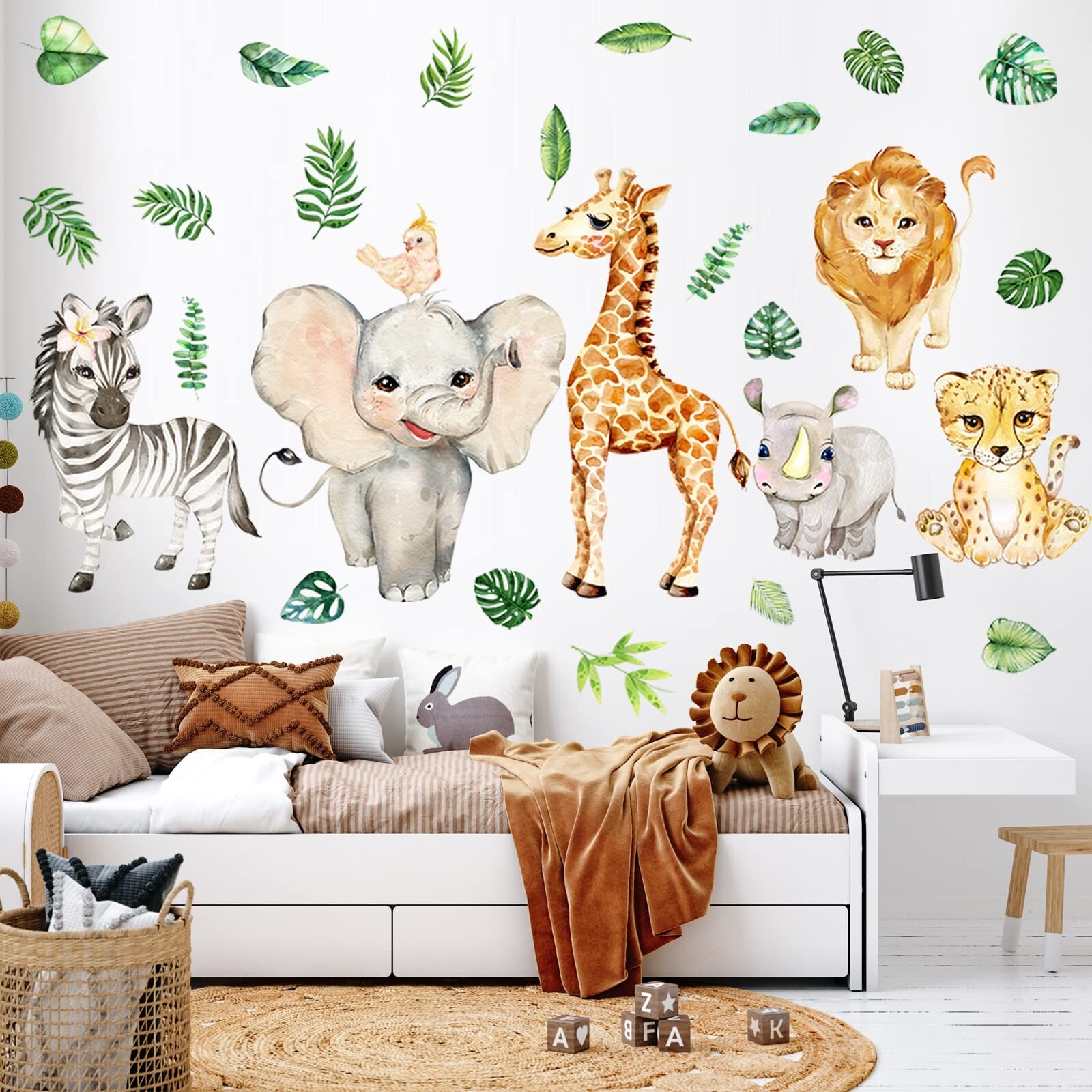 Colarr 2 Sheets Jungle Animals Sun Wall Decals Watercolor Safari Wall Sticker…