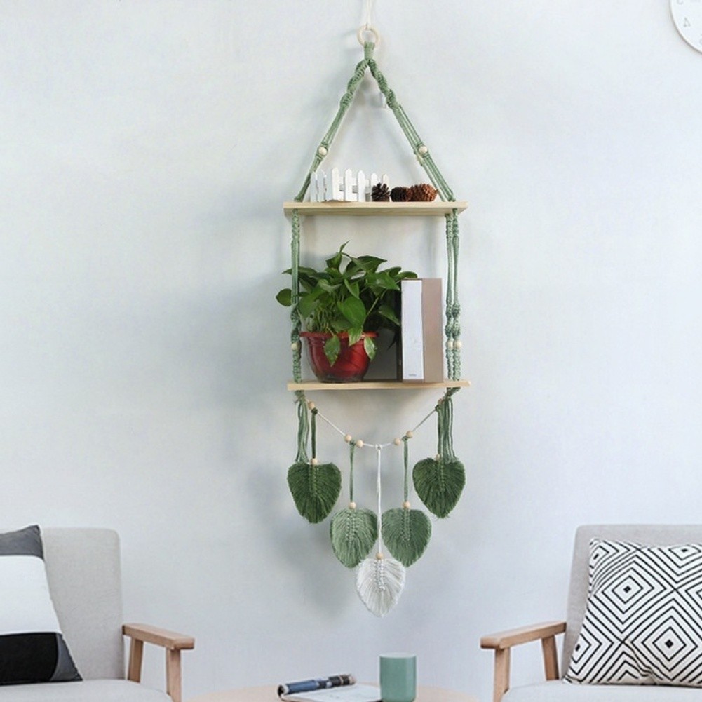 Green Woven Wall Shelf for Plants Bohemian Macrame For Living Room Decor