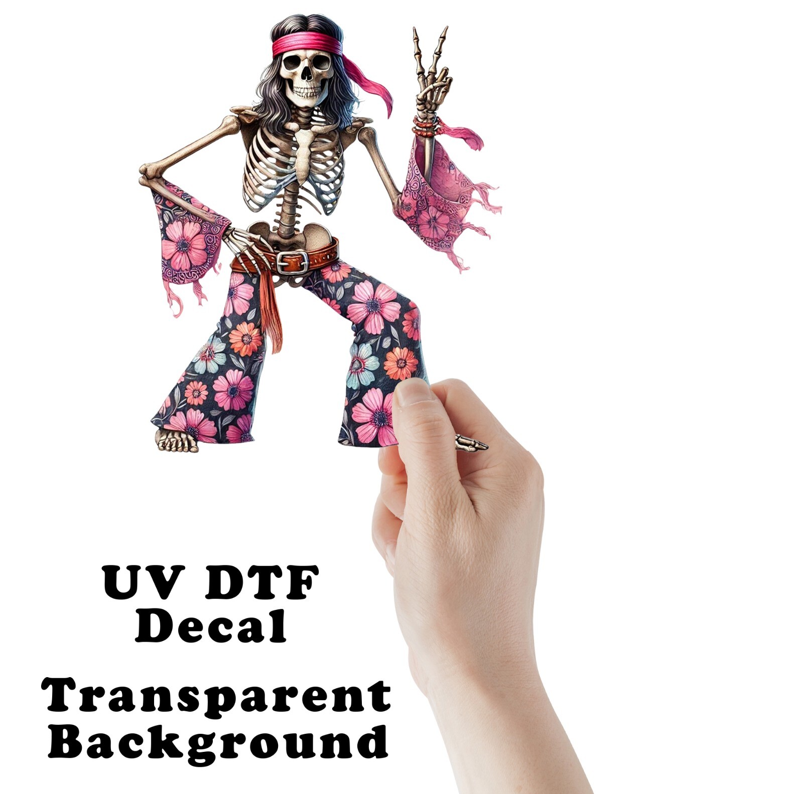 Peace Hippie Skeleton UV DTF Transparent Sticker / Decal