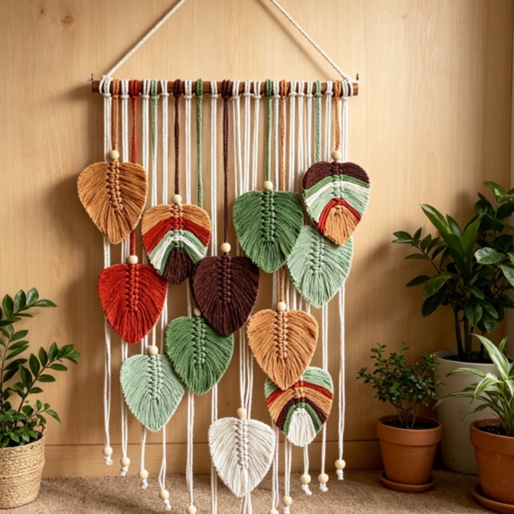 Bohemian Leaf Tapestry Woven Cotton Rustic Wall Hanging 83x45cm Natural Look