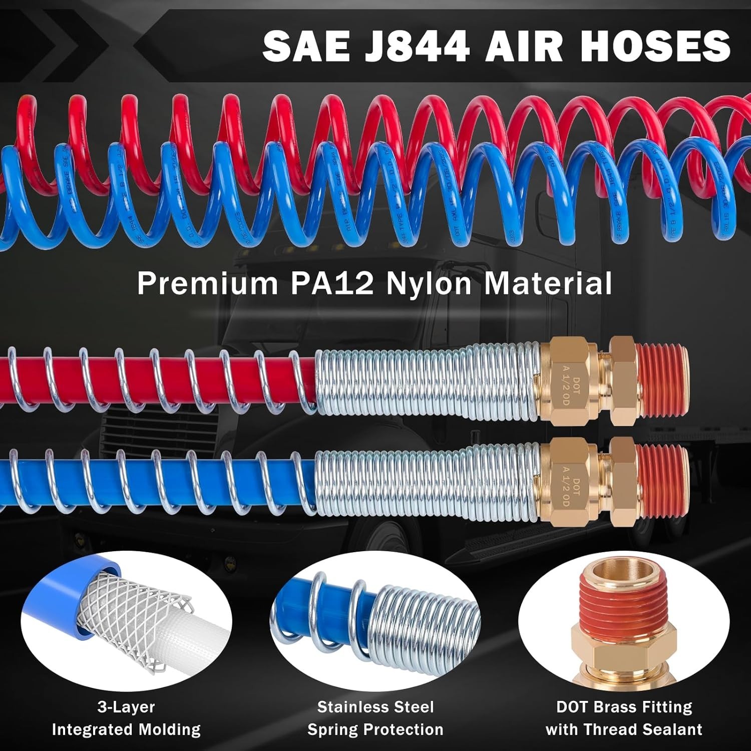 15 Ft Coiled Air Brake Hoses & ABS Electrical Power Wire Assembly Kit 3 in 1 Sem