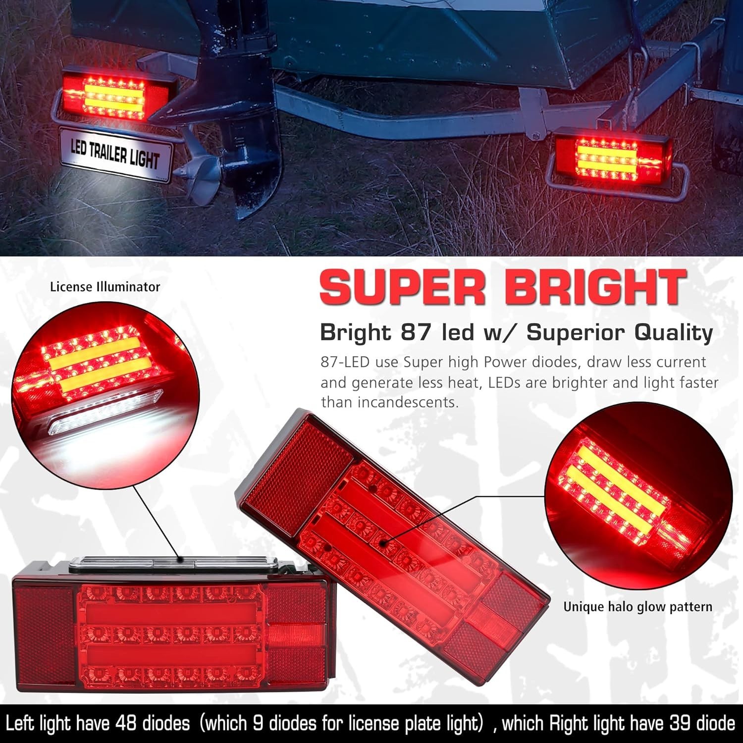 Submersible LED Trailer Light Kit Bright Brake Stop Turn Tail License Lights