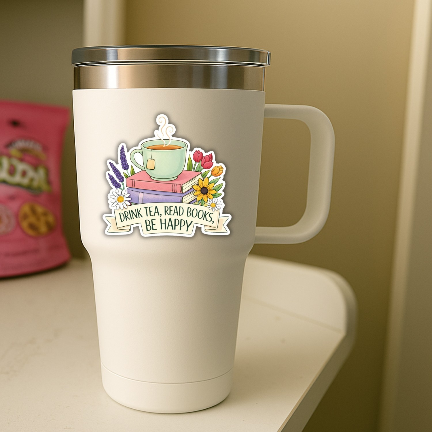 4PCS Drink Tea Read Books Be Happy Cozy Reading Vinyl Decal Stickers