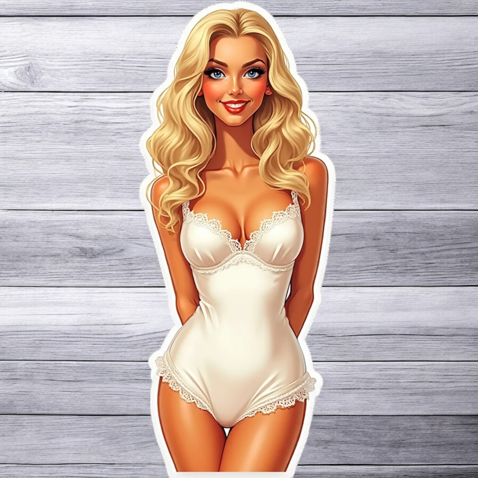 Pinup girl sticker vinyl decal blonde white lingerie cute smile retro art