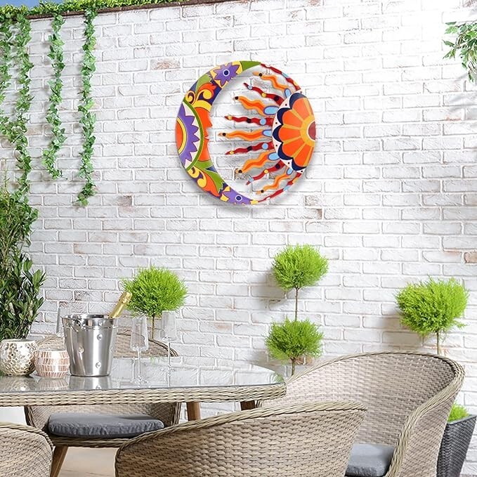 Decoración de arte de pared de sol y luna de metal 16" colorido talavera. neuvo.