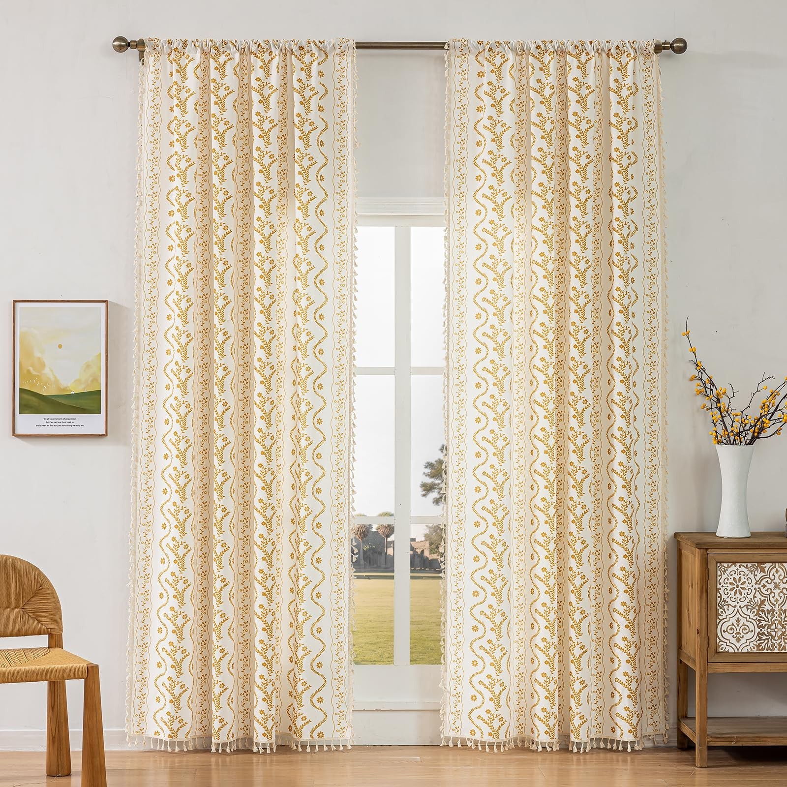 Yellow Boho Curtains 72 Inch Long for Living Room, Bedroom, 2 Panels Floral F…