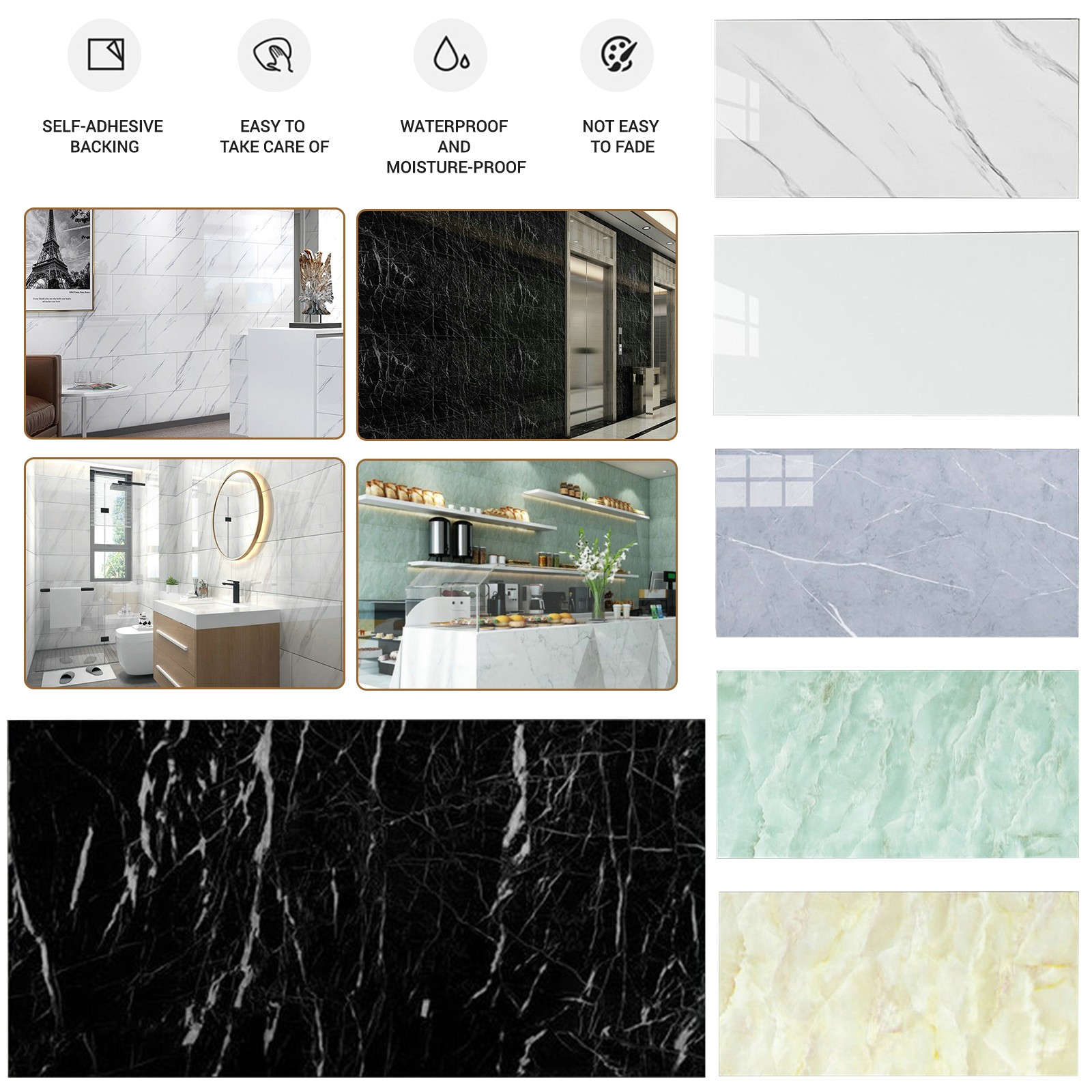 Marble Tile Stickers 60x30cm Self Adhesive Wall Tiles Waterproof Peel and Stick