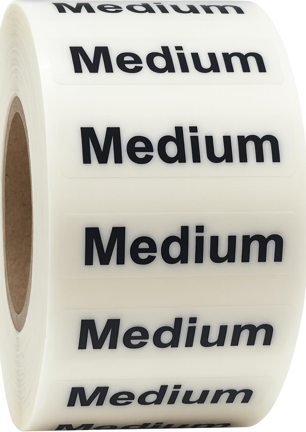 Medium Clothing Labels – Clear Size Strip Stickers with Black Text, 1.25 X 5 Inc
