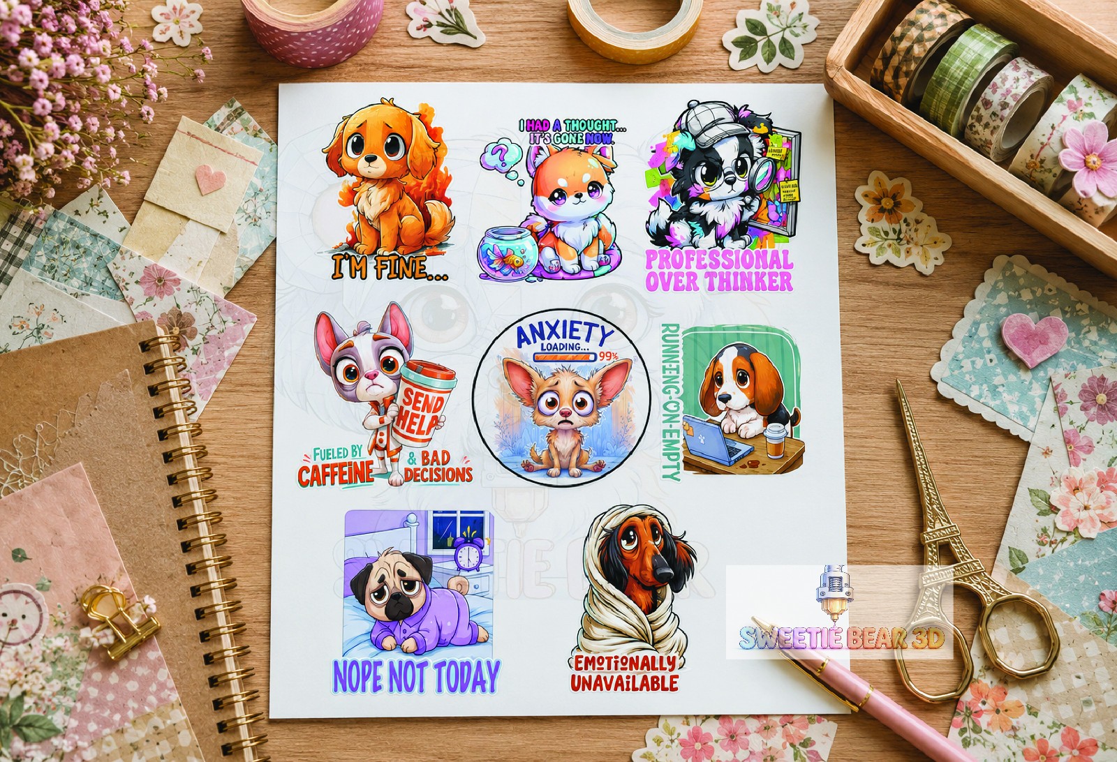 8 Pack Relatable Dog Sticker Sheet Funny Pup Decals for Planners and Kindles