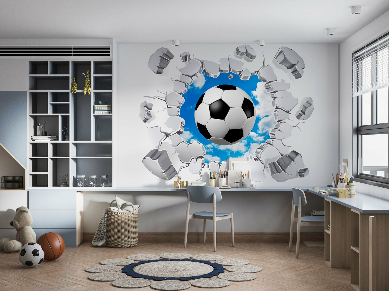 Soccer Ball Through A Brick Wall Wallpaper – Large Wall Mural – Self-adhesive