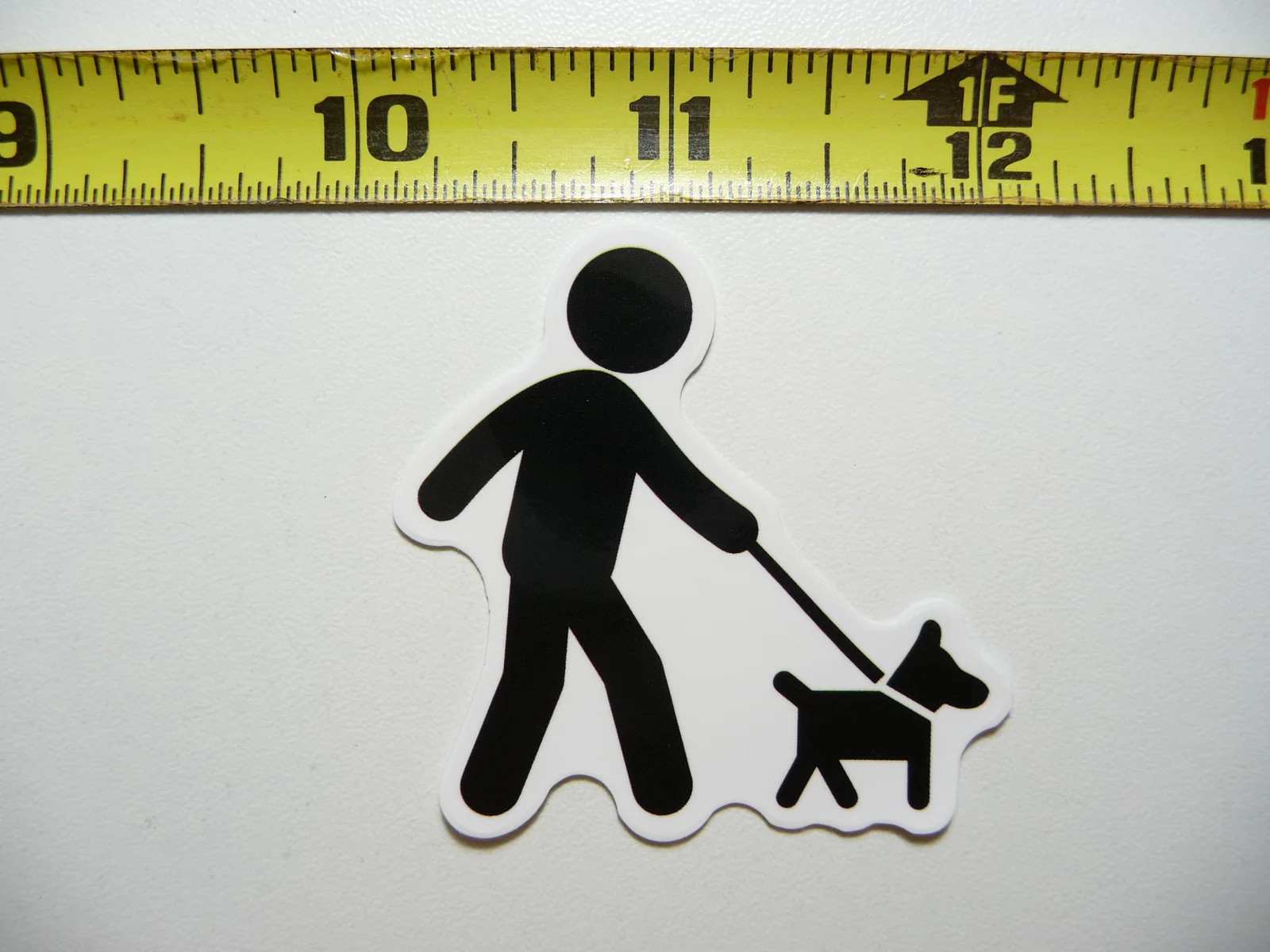 MAN WALKING DOG RELIEF AREA SMALL STICKER DECAL FUN FUNNY SCRAPBOOKING NOVELTY