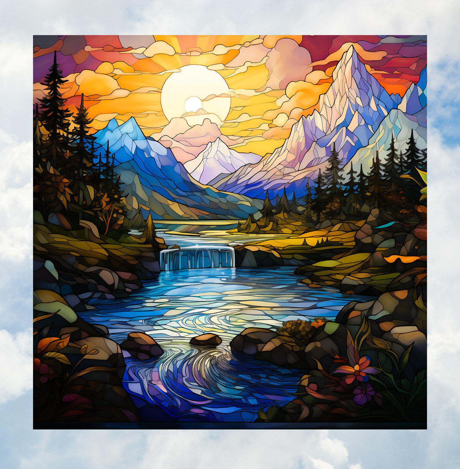 River & Mountains at Sunset Faux Stained-Glass WINDOW CLING Size 8" Square Vinyl