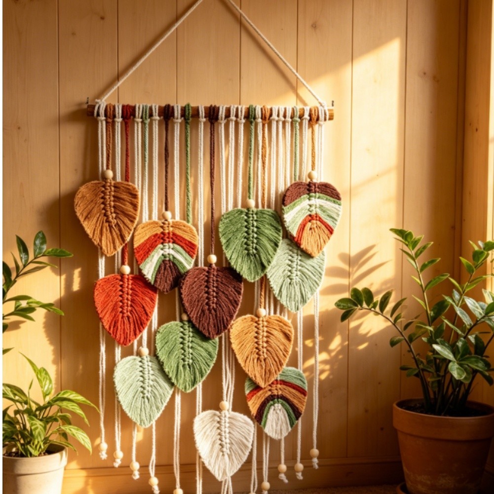 Bohemian Leaf Tapestry Woven Cotton Rustic Wall Hanging 83x45cm Natural Look