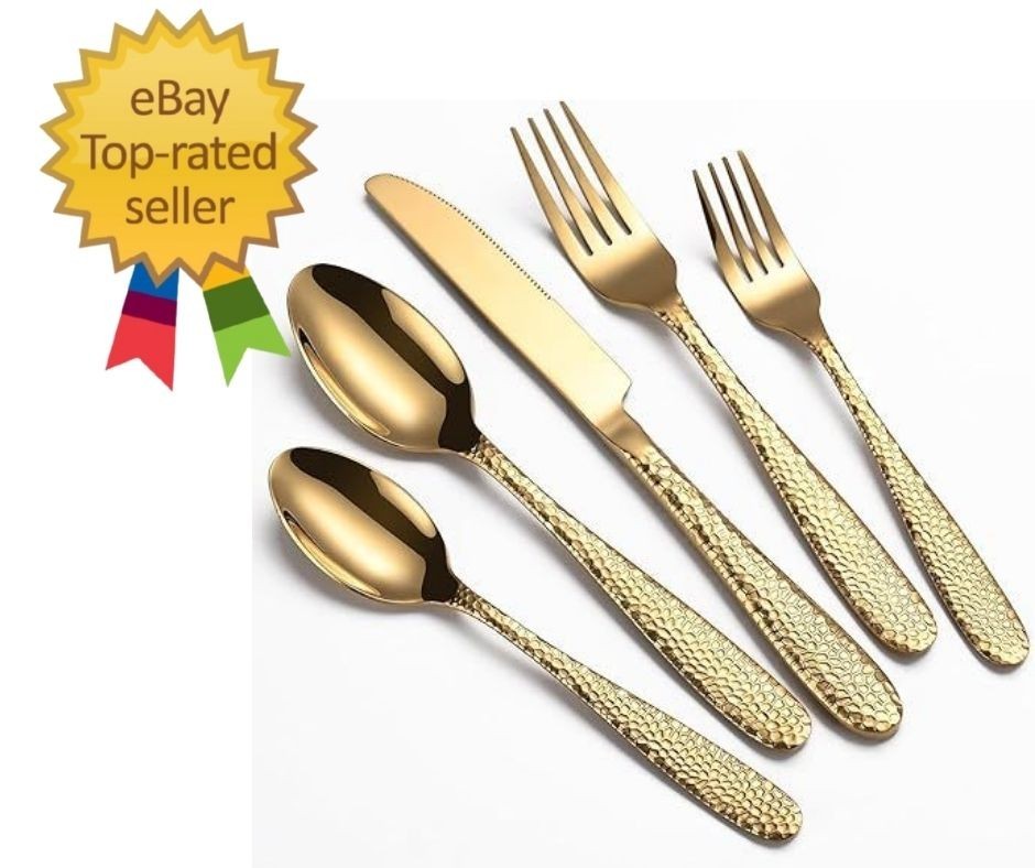 Gold Hammered Silverware Set, 20-Piece Heavy Duty Stainless Steel Flatware Sets