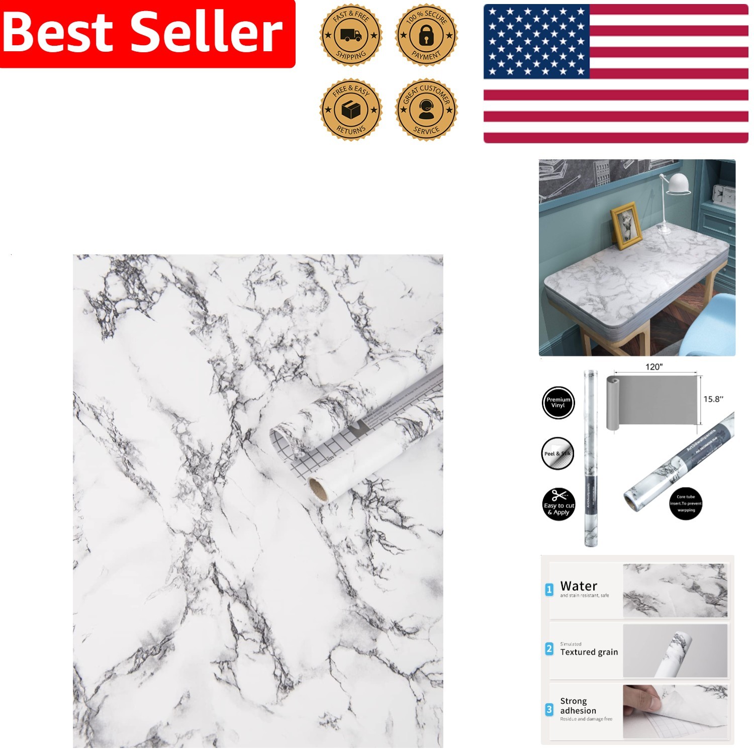 Marble Wall Panel Self-Adhesive Waterproof Art Deco Vinyl Removable