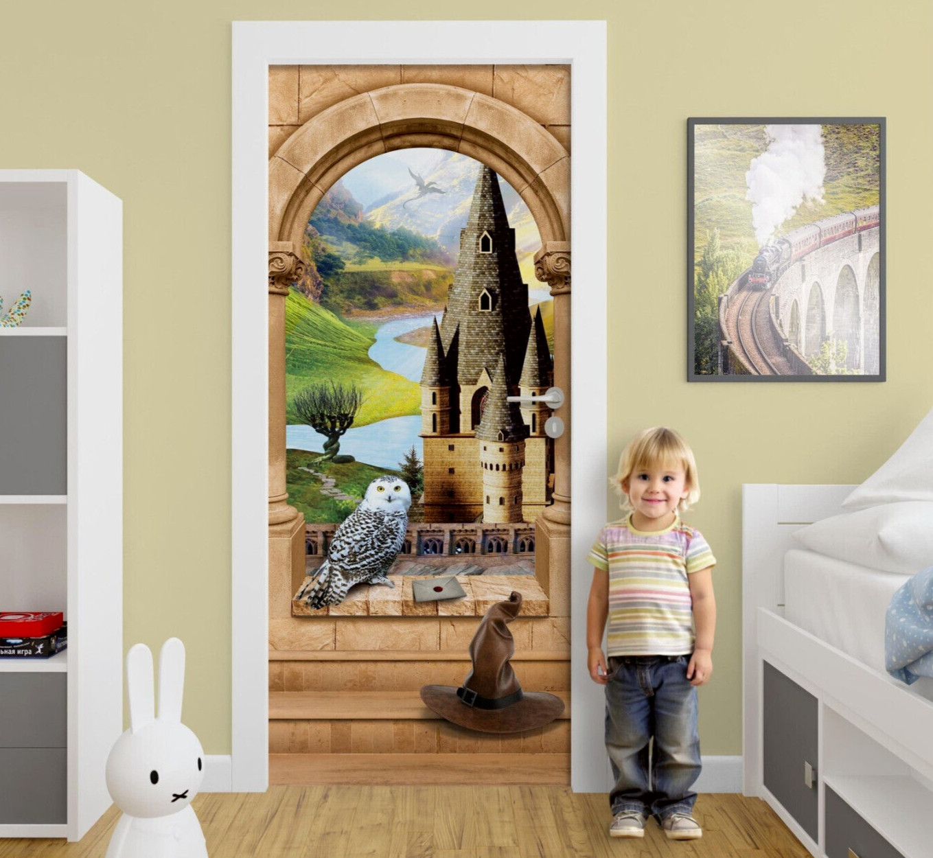 Magical Castle Door Wrap, Nursery Mural, Laminated Sticker. Single piece