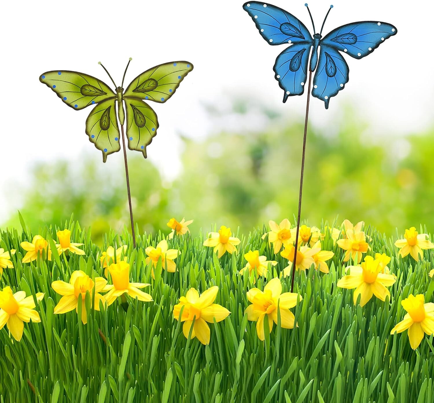 Metal Garden Stake Spring Yard Sign Decorative Plant Stake(Blue+Green Butterfly)