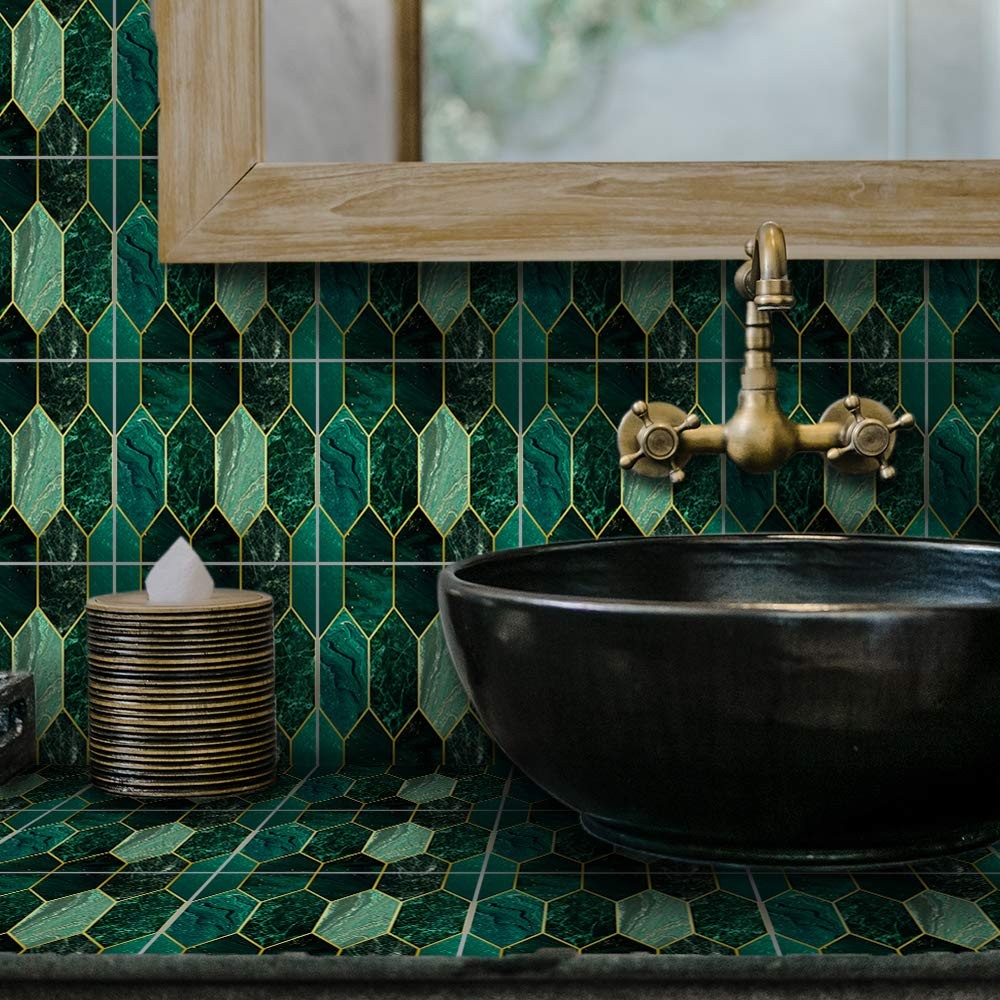 Holographic Emerald Art Deco Peel and Stick Backsplash -Adhesive PVC Wall Til…