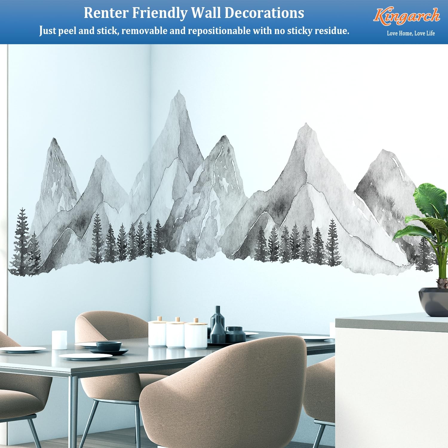 Large Mountain Wall Decals, Gray Pine Tree Peel and Stick Vinyl Wall Stickers…