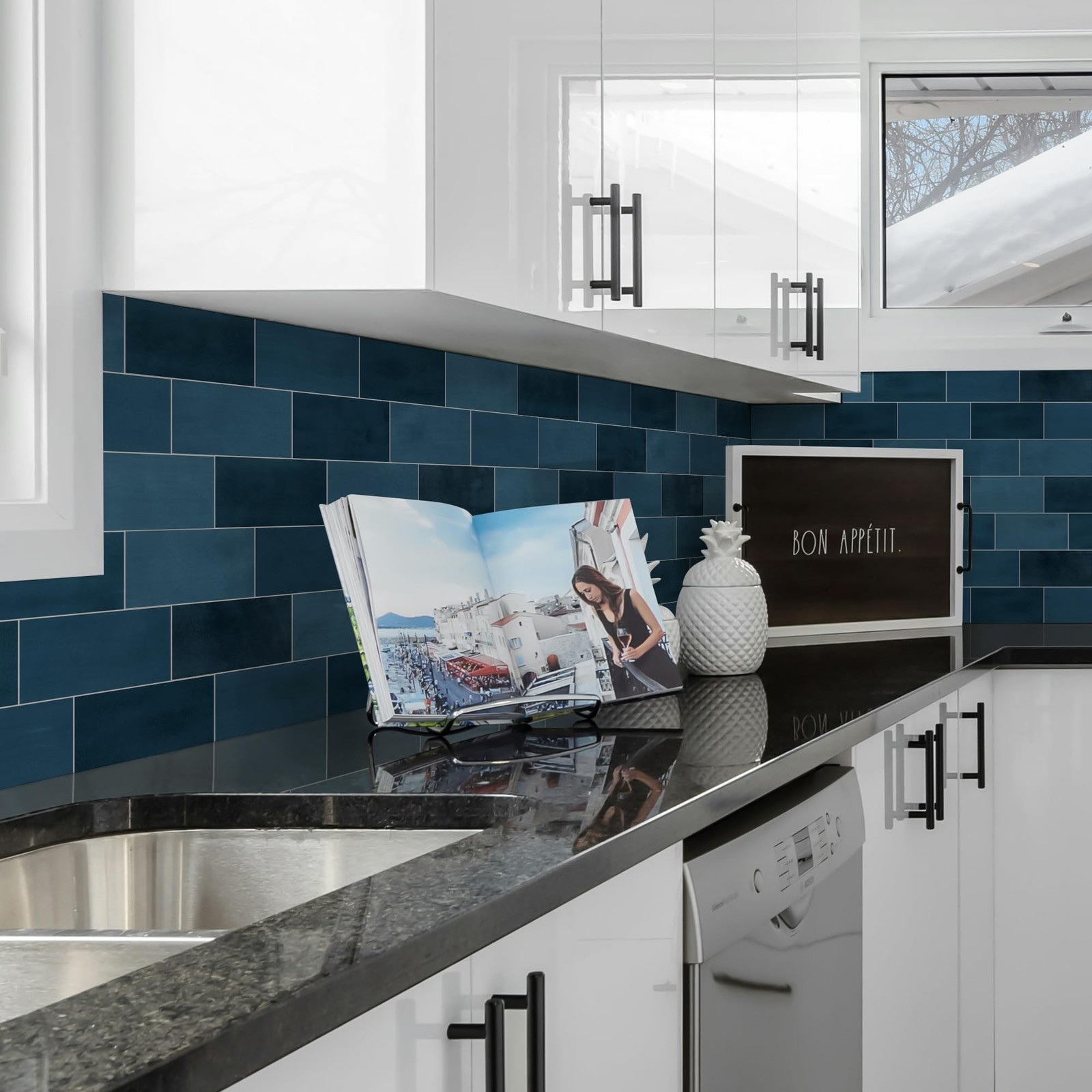 100-Sheet Subway Peel and Stick Backsplash Tile, 6" x 3" Blue Mixed Stone Com…
