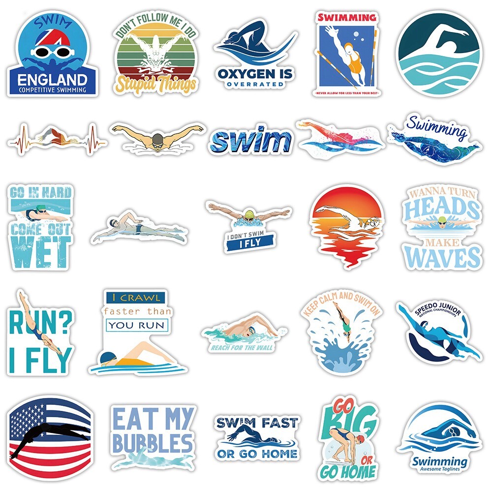 50pcs Swimming stickers, Waterproof Non-residue Stickers, #132
