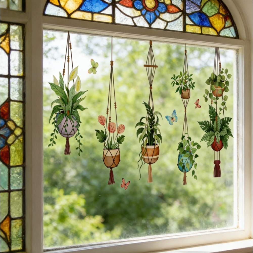 Window Stickers with Spring Potted Plant Design for Home Wall Decoration Green