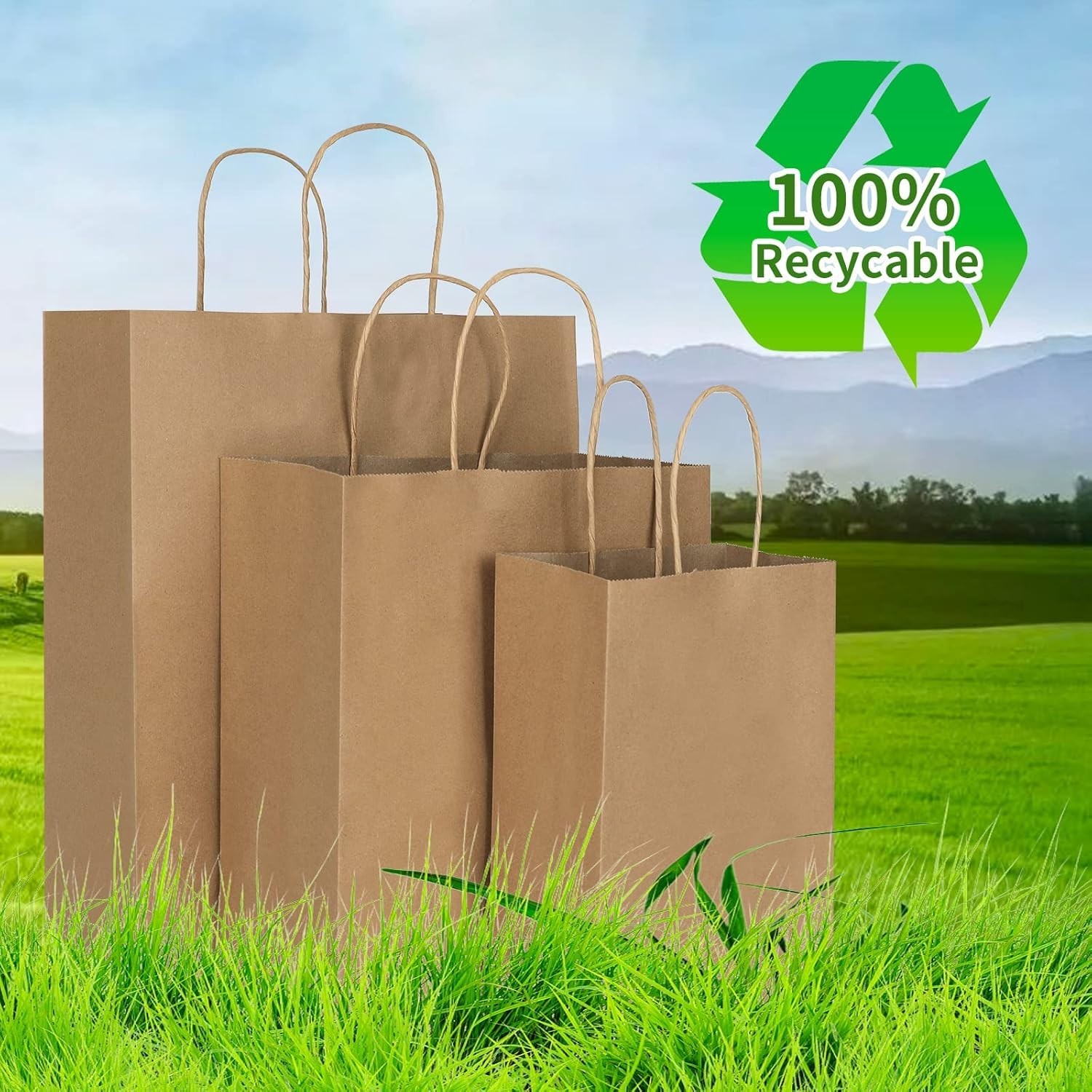90 Pack Plain Brown Kraft Paper Bags with Handles Bulk, Multiple 3 Assorted S…