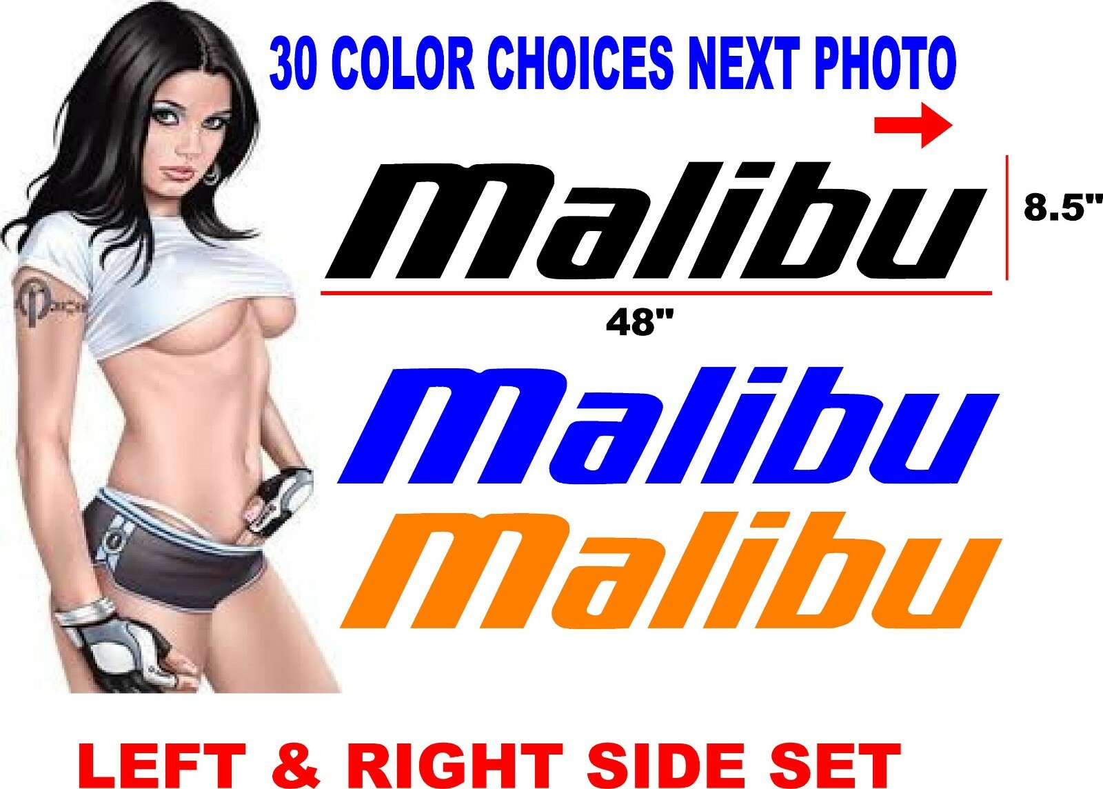 Malibu Boats Boat Vinyl Decal Sticker Set of 2 Free Shipping 48" X 8.5"