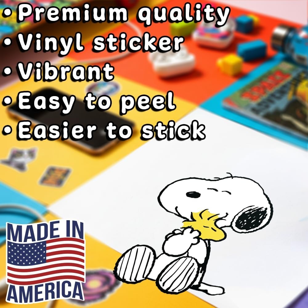 Peanuts Snoopy Hugging Woodstock, cute sticker with bright colors 3"W x 4.5"H