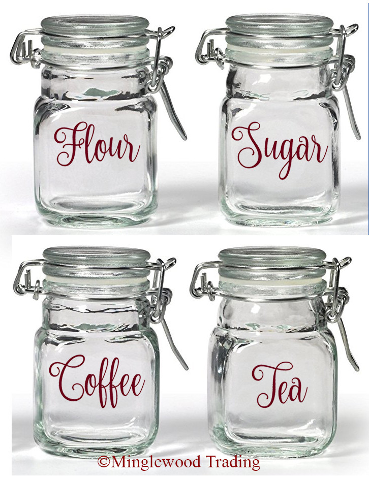Set of 4 Canister Labels V2 Vinyl Stickers Kitchen Flour Sugar Tea Coffee Fancy