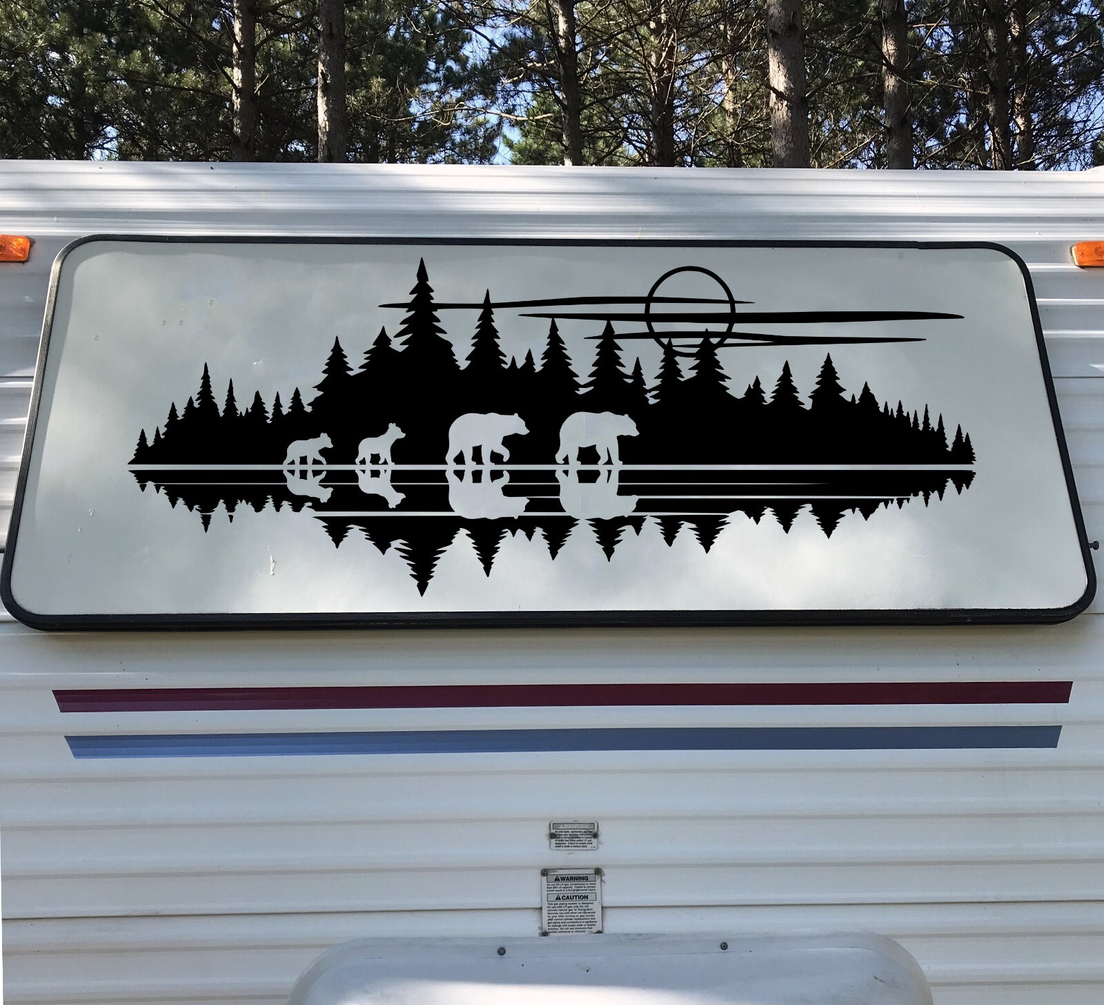 Lake Moon Bear Family in Tree Line Forest Scene Vinyl Decal V7 – RV Camping