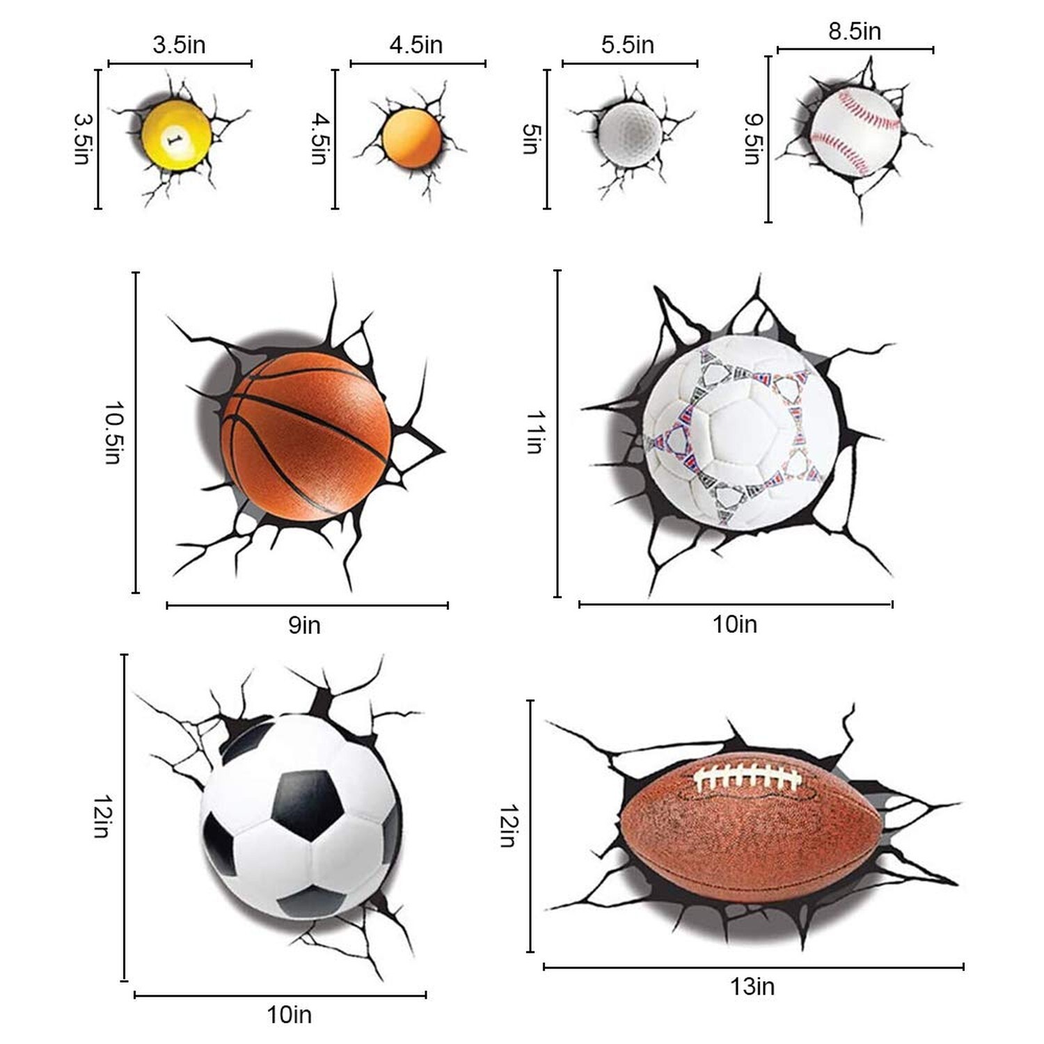 Supzone Sport Balls Wall Decals 3D Wall Stickers Break Through The Wall Remov…
