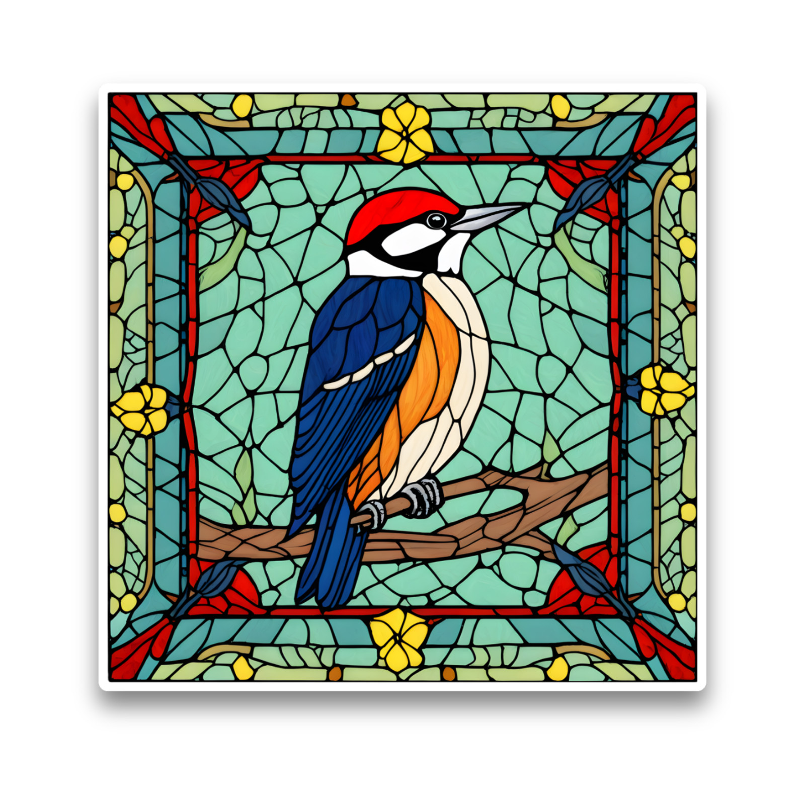 Cute Woodpecker Wild Bird Faux Stained Glass Square Opaque Vinyl Sticker Decal