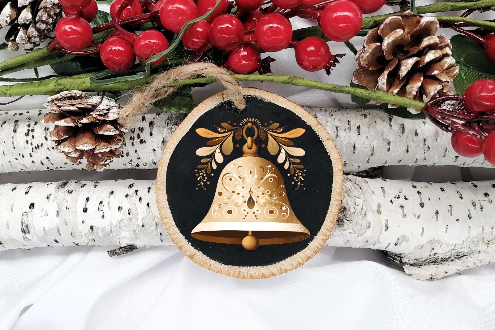 Neutral Christmas Folk Art Bell UV DTF Sticker Transparent Decal