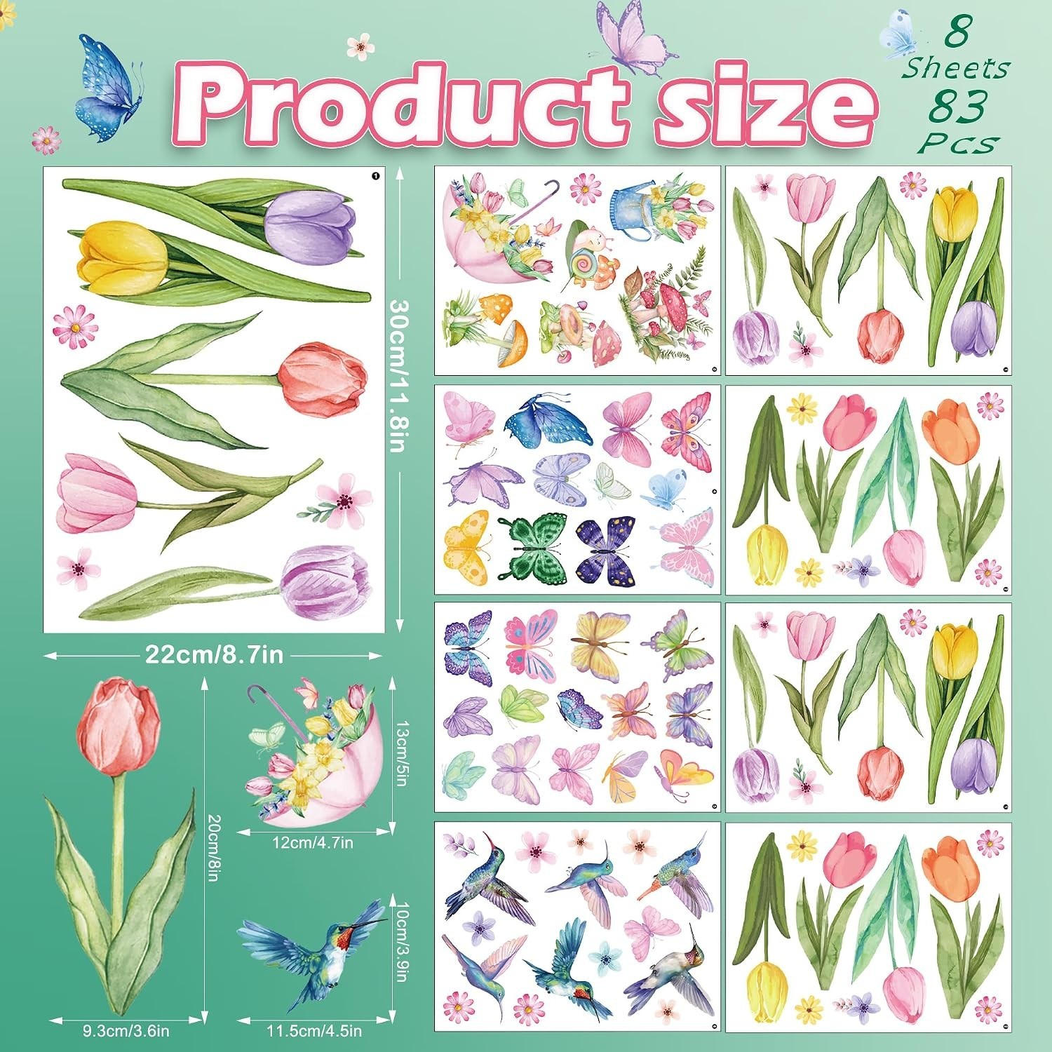 Spring Window Cling Sticker – 83PCS Tulip Butterfly Flower Hummingbirds Windo…