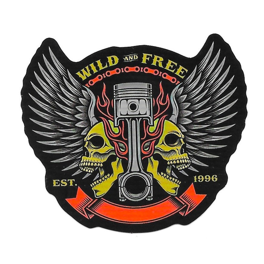 Wild and Free Vinyl Sticker Winged Skull Biker Piston Motorcycle Helmet Decal