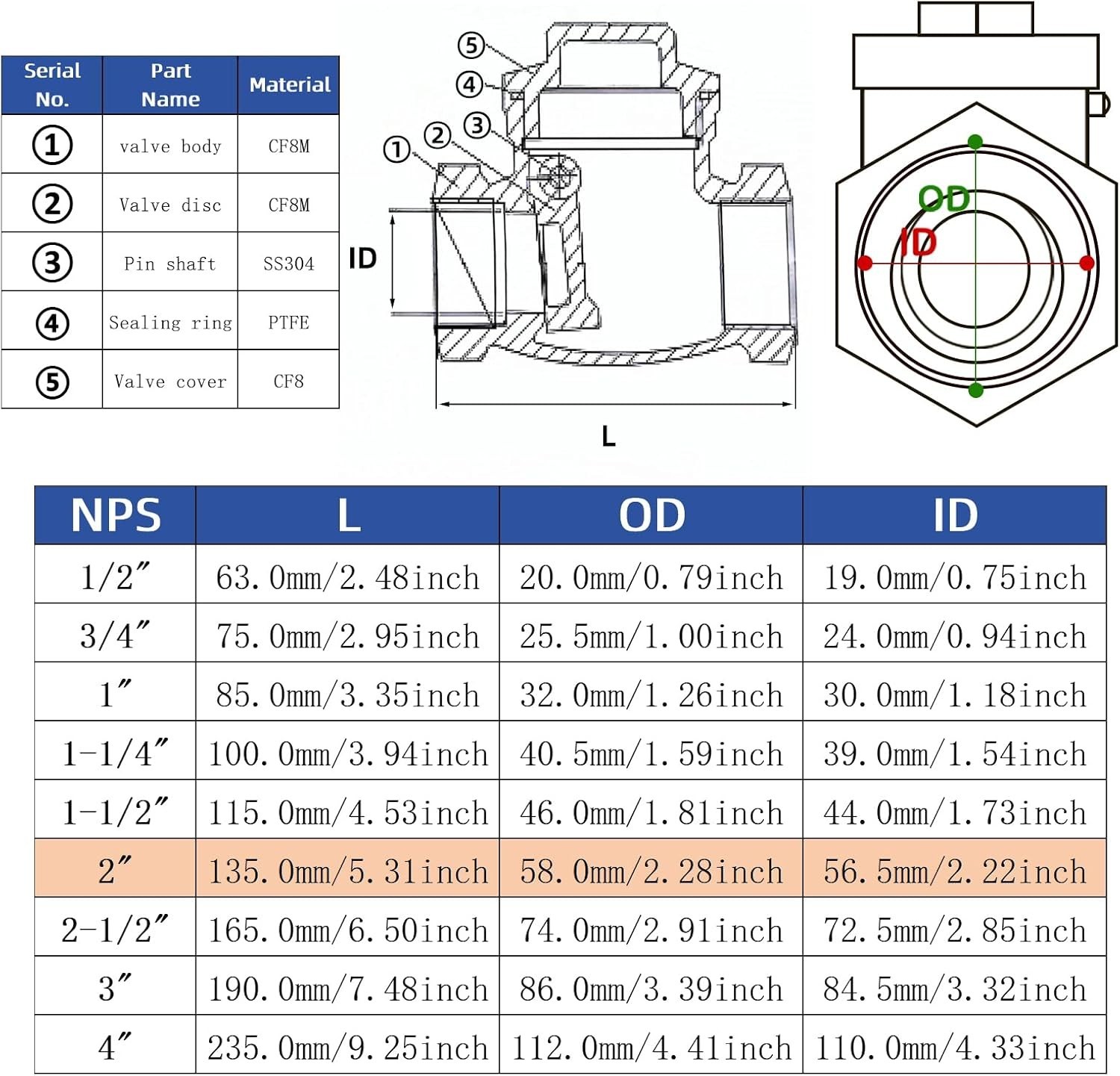 2-1/2" NPT Horizontal Check Valve, Stainless Steel Non Return Swing Check Valve,