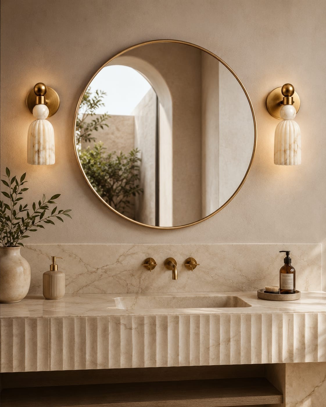 Handmade Alabaster Marble Wall Sconce | Brass Fluted Light, Modern Bedside Lamp
