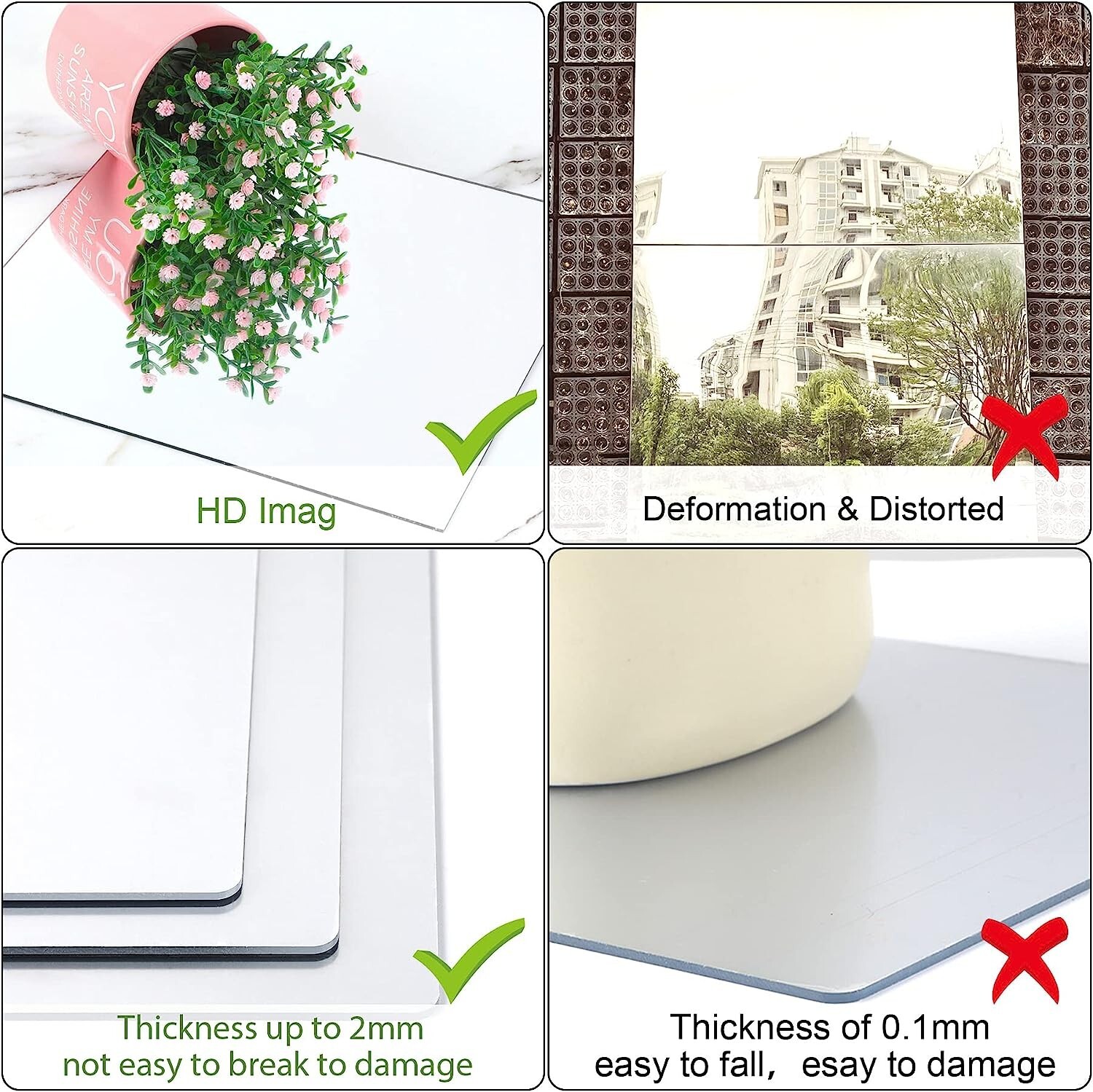 Self Adhesive Acrylic Mirror Tiles – Frameless, 2MM Thick – 4 Pack 8×8 Inches