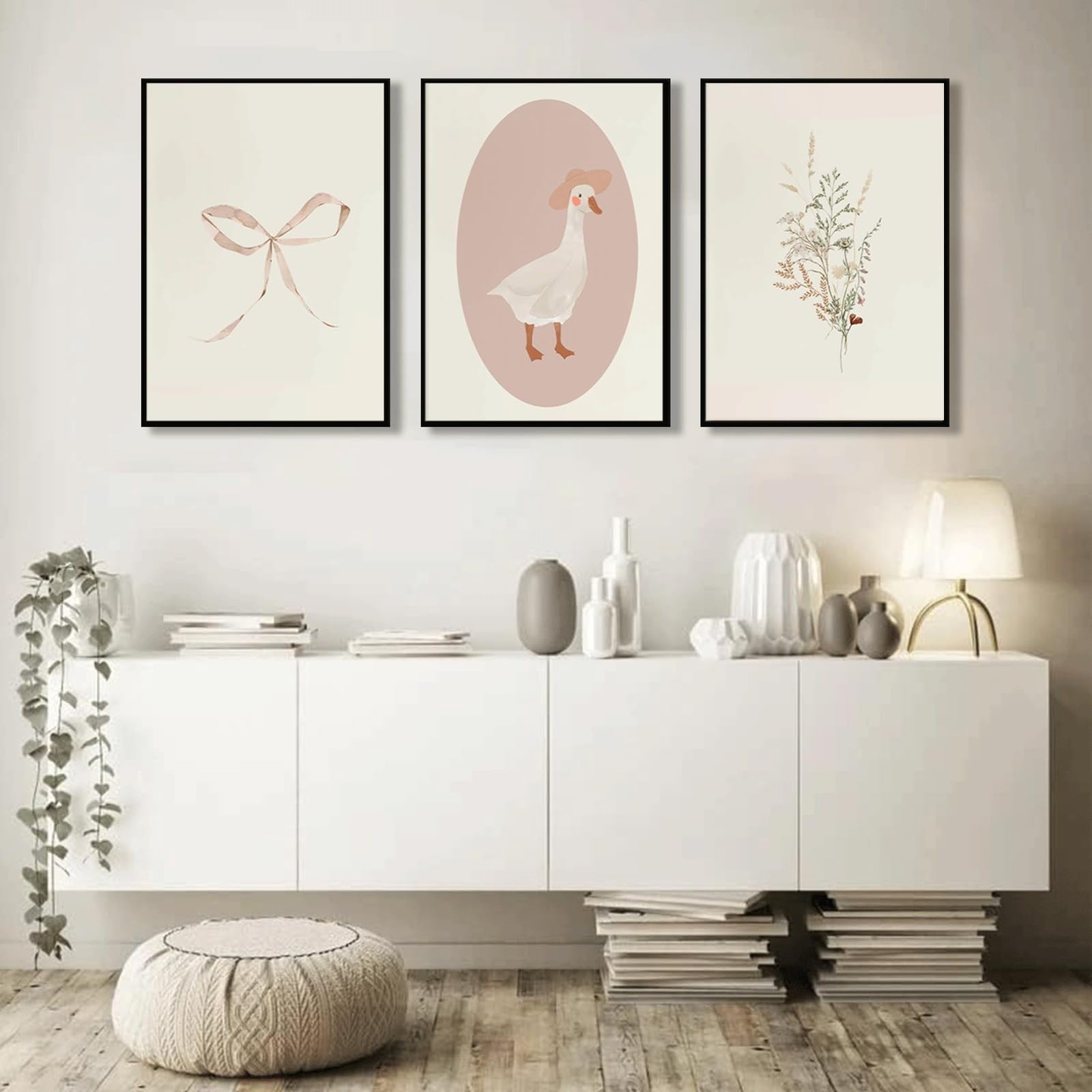 3Pcs Girls Nursery Wall Art Vintage Goose Wall Decor Pictures Pink Bow Poster…