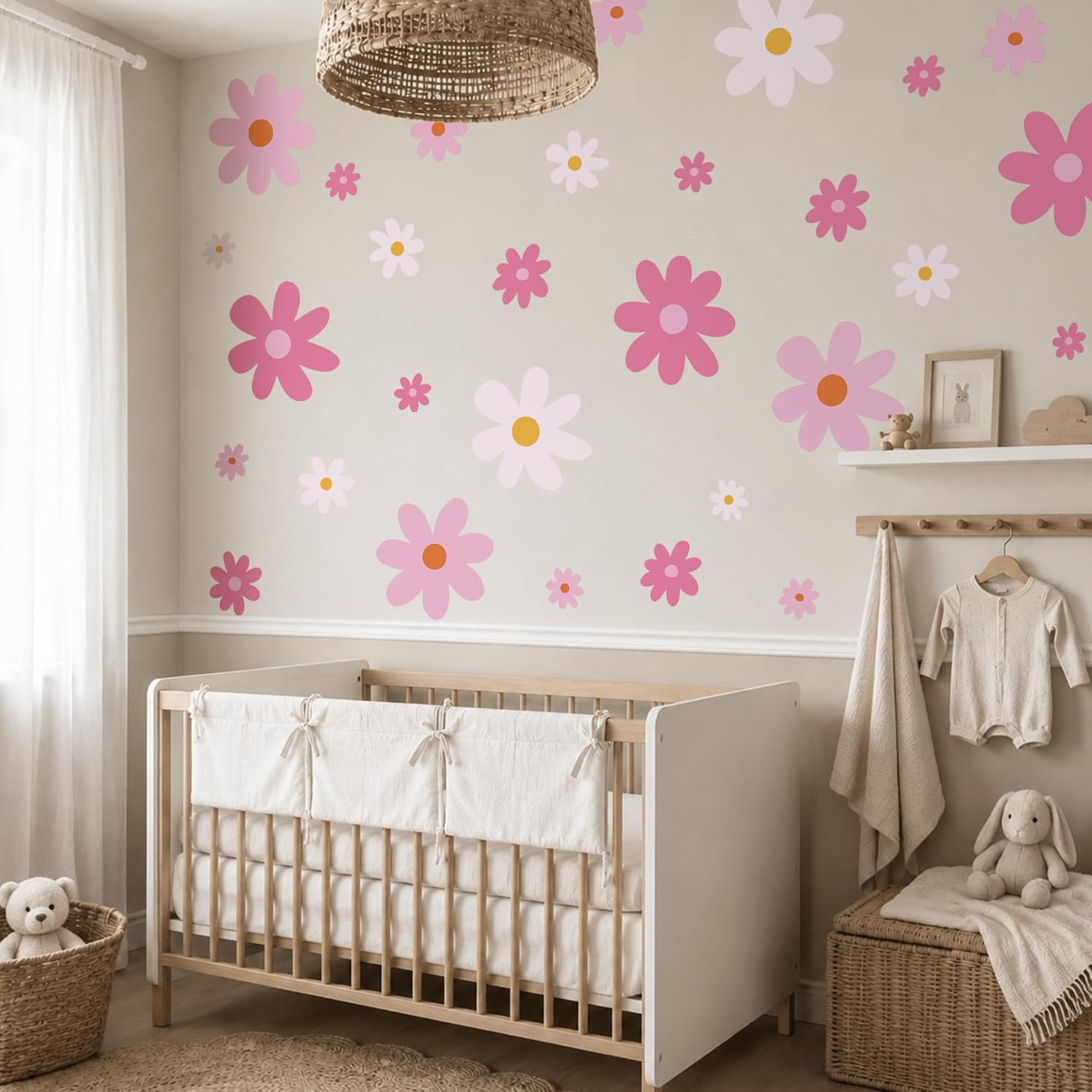Large Daisy Wall Decals – 52 Pcs Pink Peel and Stick Flower Wall Stickers for Be